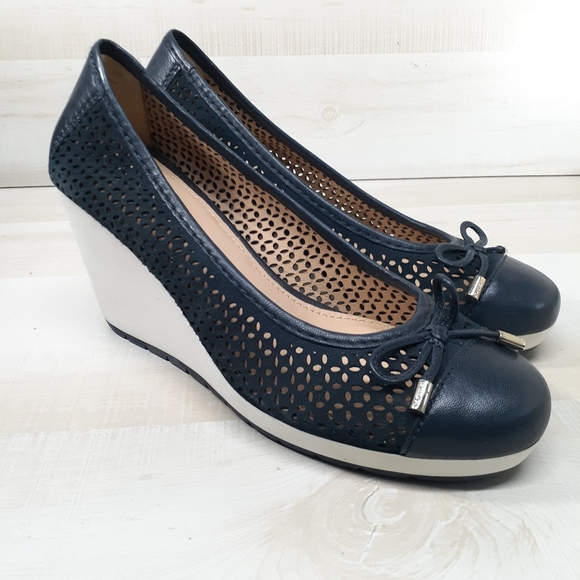 Geox Shoes - Geox Respira Navy / White Cut Out Perforated Slip On Heels Size 37 EU/ 7 US